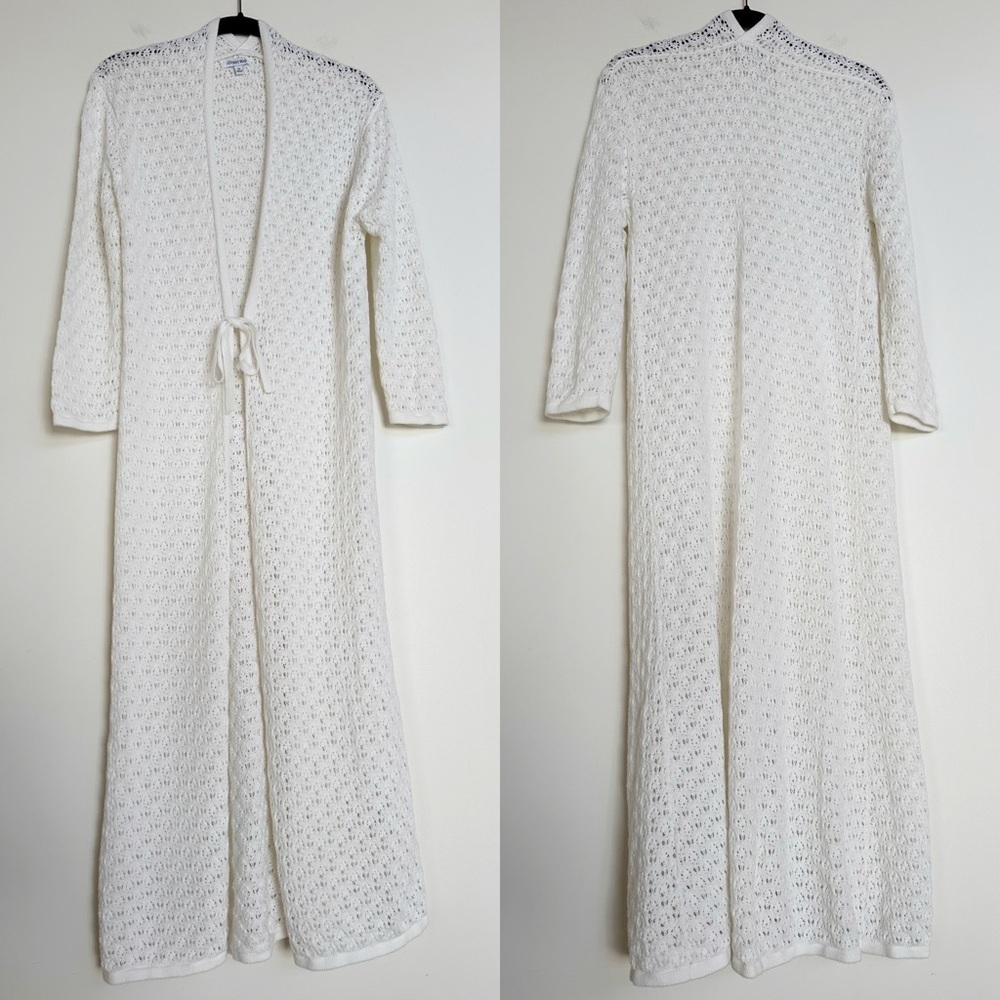 Johnny Was White Crochet Knit Duster Cardigan Sweater XS